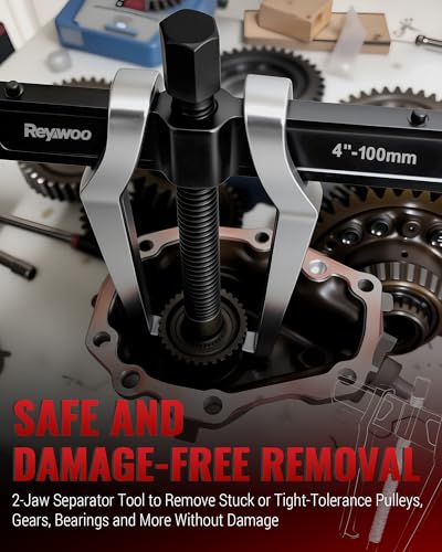 Reywoo 4" 2-Jaw Gear Puller for External (4.4" Max) & Internal (4.79" Max) Pulling, Heavy-Duty Bearing, Flywheel, Pulley and Gear Remover Tool, Adjustable CR-V Steel - size: Max External 4.4"