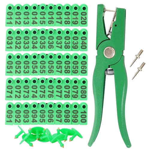 Sheep Goat Ear Tags Numbered 001-100 Plastic with Applicator Plier Tool | Livestock Ear Tags with 2 Ear Tag Pins for Sheep Goats Hogs Pigs Farm Animal Tracking Identification (Green, 001-100) - color: Green, size: 001-100