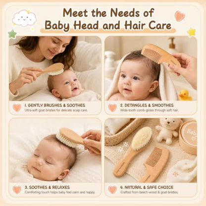 GREENTH PRO Baby Hair Bush and Comb Set -Nature Lotus Wood with Soft Goat Bristle and Pear Wood Comb for Newborns & Toddlers, Ideal for Cradle Cap