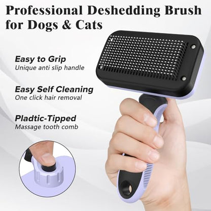 2PCS Self Cleaning Slicker Brush & Dog Comb - Skin Friendly Deshedding Grooming Tool for Dogs, Cats and Small Animals, Professional Deshedding Tool for Long and Short Haired Pets (Light Purple) - color: Light Purple