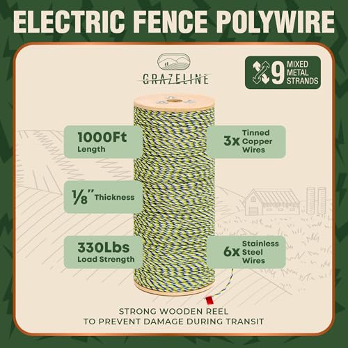 Electric Fence Polywire 9-Strands 1/8” 1000ft - Hot Wire 0.3 Ohm Resistance - size: 1000 ft