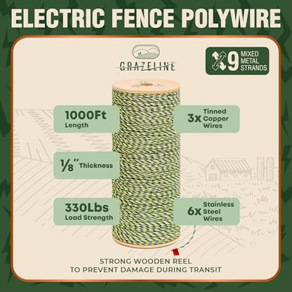 Electric Fence Polywire 9-Strands 1/8” 1000ft - Hot Wire 0.3 Ohm Resistance - size: 1000 ft