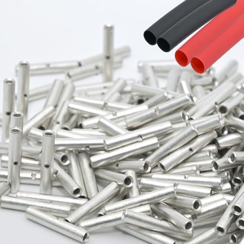 SVAAR 100PCS 26-22 Gauge Non Insulated Butt Connectors 26-22 AWG Uninsulated Butt Splices Tinned Copper Marine Grade Seamless Barrel Crimp Butt Splice Terminals & 100PCS 3:1 Adhesive Lined Heat Shrink - size: 26-22 AWG