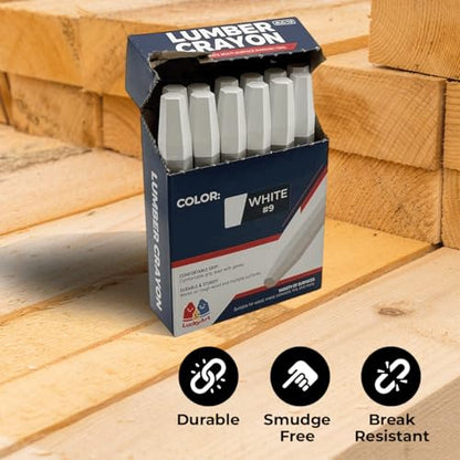 Lumber Crayons – White, Pack of 12 | Hexagonal Construction Marking Crayons for Wood, Concrete, Asphalt, Metal | Durable, Smudge-Free, Break-Resistant - color: White