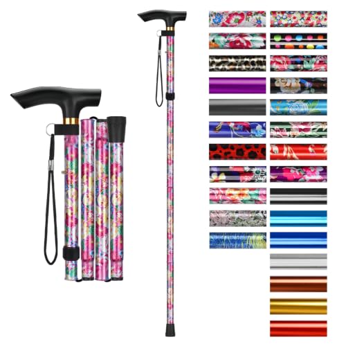 supregear Folding Cane, 5-Level Adjustable Height Walking Stick Lightweight Collapsible Portable Travel Cane with Wrist Strap and T Handle for Elderly Disabled Men Women - color: Pink Floral