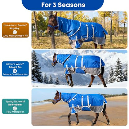 1200D Turnout Horse Blanket with Hood & Band, Medium Weight, Blue/Grey,78IN - color: Blue/Gray with Band, size: 78 IN