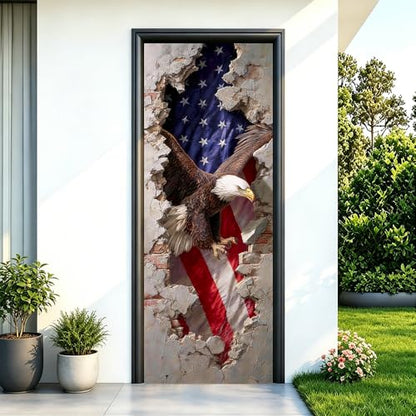 Patriotic Bald Eagle Door Mural, 3D Broken Wall Door Cover - color: Colorful2204