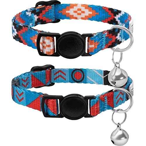 Tribal Aztec Cat Collar 2-Pack, Breakaway with Bell - color: Blue Ethnic & Aztec