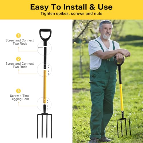 Pitch Fork, 4 Tine Heavy Duty Garden Fork Ergonomic Handle for Gardening
