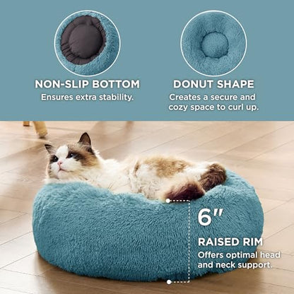 Bedsure Calming Cat Beds Donut Round Washable Kitten Bed,20 inches | Fluffy Faux Fur Cuddler,Anti-Slip Bottom,Anti-Anxiety,Deep Sleeping for Cats&Small Pets Up to 15 Lbs,Washed Blue - color: Washed Blue, size: 20"L x 20"W x 6"Th