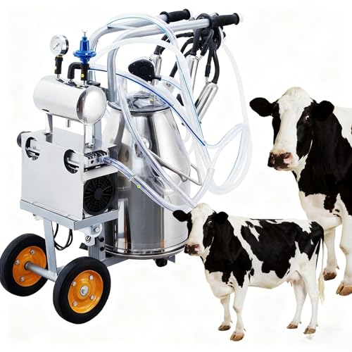 Electric Cow Milking Machine, 6.6 gal / 25 l Automatic Pulsation Vacuum Milker, Bucket Milker, Portable Milking Equipment with Stainless Steel Bucket and Food-Grade Silicone Cups and Tubes