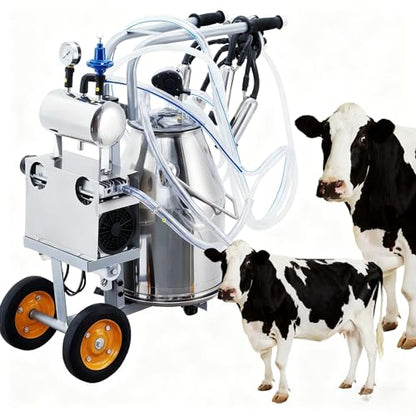 Electric Cow Milking Machine, 6.6 gal / 25 l Automatic Pulsation Vacuum Milker, Bucket Milker, Portable Milking Equipment with Stainless Steel Bucket and Food-Grade Silicone Cups and Tubes