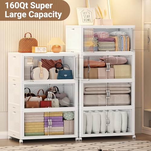 BROVIEW 480QT Large Stackable Storage Bins with Clear Doors, V20 3Pack | 120Gal Plastic Closet Organizer Cabinet with Lid and Wheels, Collapsible Latch Box Folding Drawer for Home, White - size: 160QT-3Pack