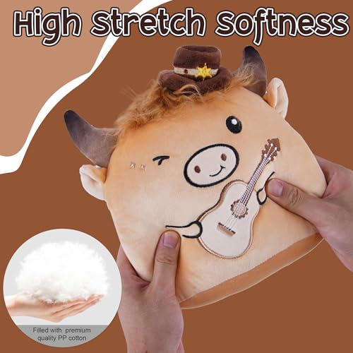 Highland Cow Stuffed Animal, 8 Inch Cute Country Cow Plush Toy with Guitar and Cowboy Hat, Soft Kawaii Plushie Pillow Gifts for Kids Boys Girls, Farm Animal Decor for Christmas Birthday Holiday - style: Country Cow