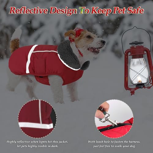 Dogcheer Warm Dog Coat, Christmas Dog Jacket Waterproof Puppy Winter Coat with Buckles, Reflective Adjustable Pet Snow Jacket Turtleneck Fleece Sweater for Small Medium Large Dogs - Red, M - color: Red, size: Medium