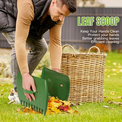 65 Inch 25 Tines Metal Leaf Rake Set with 32 Gal Bags Scoops, 18in Wide | Heavy duty lawn rake, Garden leaf collector, Yard clean up tool, Metal tines rake, Camping gear, Shrub rake, Weed remover - style: Green