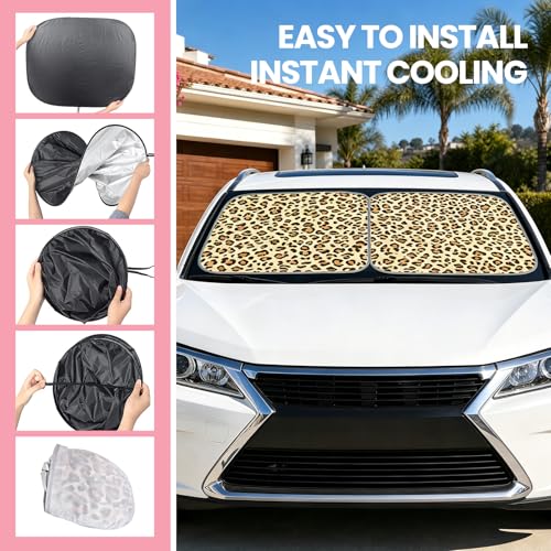 2 PCS Car Front Windshield Shade, Leopard Auto Windshield Sunshade Foldable Sun Blocker to Keep Your Vehicle Cool, Front Windscreen Sun & Heat Protection Cover for Most Vehicles (Yellow) - color: Yellow