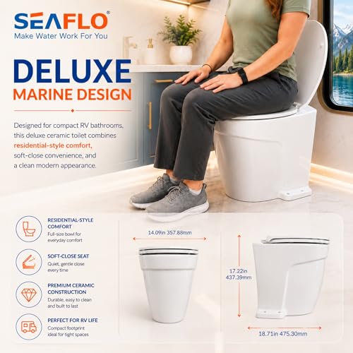 SEAFLO Deluxe Flush Freshwater Electric Marine Toilet - Fresh Water Rinse, 12V, w/ 4-way Flush Panel, Smart Flushing System, Ceramic Bowl, Soft Close Seat, Quiet Flush, Macerator Pump, 4 Year Warranty - style: 12V Deluxe Flush - Fresh Water Rinse - Soleno