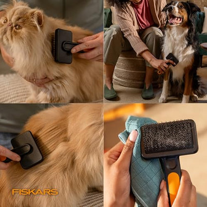 Fiskars Pet, Cat and Dog Brush, Fine Bristles & SoftGrip Handle for Gentle Grooming and Deshedding, Cat and Dog Supplies, Orange/Black