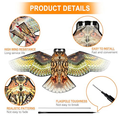 Bird Scarer Kite with 13ft Pole Bird Hawk Flying Kite-Owl Kite | Deterrents for Farms, Gardens and Docks | Keeps Birds, Geese and Seagulls Away | Covers 2150-5380 sq.ft - color: multicoloured