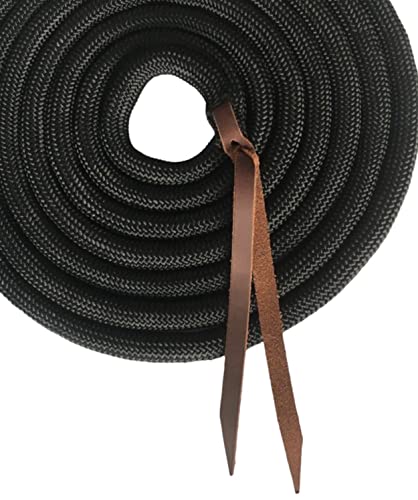 Majestic Ally 14' Pack of 2 Poly Training Lead Rope with Leather Popper for Horses & Livestock – 14 Foot Long and 5/8 inch Thick - Replaceable Heavy-Duty Bolt Snap (Black) - color: Black