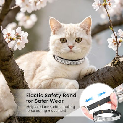 BINGPET Diamond Cat Collar with Bell,Adjustable Kitten Collar, Black - color: Black(Rhinestones), size: Neck Girth 8"-10"