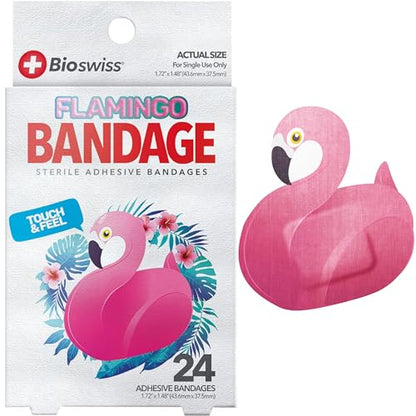 BioSwiss Bandages, Flamingo Shaped Self Adhesive Bandage Set, Latex Free, Sterile Wound Care, 24 Count - size: 24-Count Box, style: Flamingo