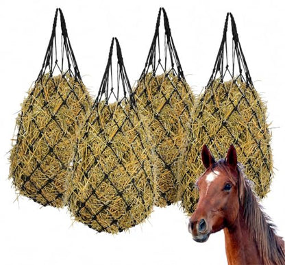 LANIAKEA 4PCS 40" Hay Net for Horses Slow Feed Hay Bag Feeder Horses Goat Sheep (2.36'' Holes) Adjustable Travel Feeder for Trailer and Stall