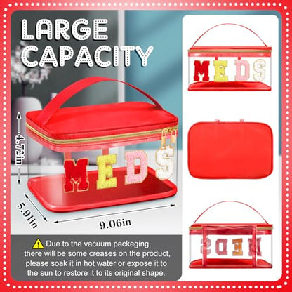 Geetery Chenille Letter Bag, Meds Cheer Travel Cases Cheerleader Gifts Cosmetic Bag Nylon Makeup Portable Preppy Patch with Zipper Toiletry Storage Case for Women(Red,Meds) - color: Red, style: Meds