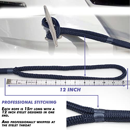 2 Pack Premium Navy Blue Dock Lines - 15' / 25'/35' with Eyelet.Double Braided Nylon Dock Line/ - size: 3/8" x 15 FT
