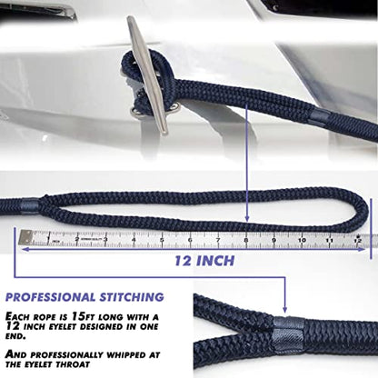 2 Pack Premium Navy Blue Dock Lines - 15' / 25'/35' with Eyelet.Double Braided Nylon Dock Line/ - size: 3/8" x 15 FT