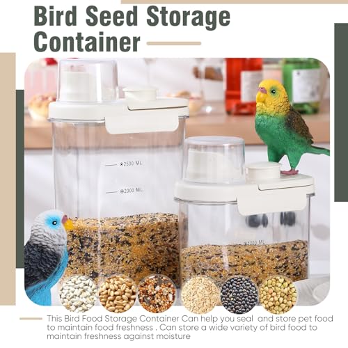 Maxdot 2 Pcs Bird Food Storage Container, Bird Seed Container with Lids Airtight Cup Pet Parrot Food Storage 1.7 Qt & 3 Qt Measuring Containers Easy Pour Spouts for Macaws African Cockatoos (Beige) - color: Beige