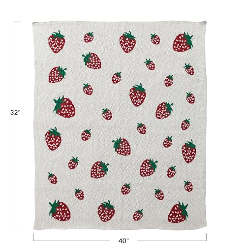 Creative Co-Op Cotton Knit Baby Blanket with Strawberry Pattern, Cream, Red and Green - color: Strawberries, size: 40" L x 32" W