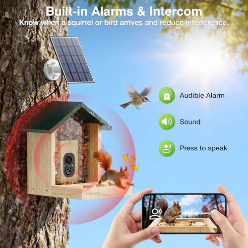 Wooden Squirrel Feeder with Camera, Solar-Powered, 2K HD+ Video | Cloud Storage, Large Capacity, Ideal for Squirrel Lovers