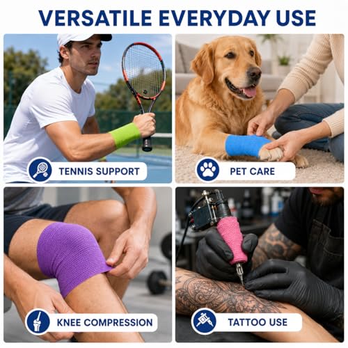 Primacare WB-7709 Self Adhesive Bandage Wrap 48 Pack, 2” x 5 Yards Cohesive Elastic Bandage Wrap, Multi Color Self Adherent Athletic Wrap Tape for Wrist, Ankle, Sports, First Aid, Vet and Pet Care