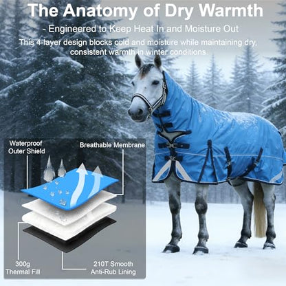 1680D Heavyweight Horse Blanket with 300g Insulation in Body and Hood, Full Neck Combo, Waterproof Breathable Insulated Winter Turnout Blanket Cyanblue 78 - size: 78"
