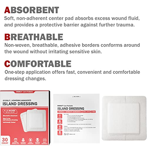 EVERLIT Island Dressing Bordered Gauze | Large Wound Care Bandage with Adhesive Border| Sterile, Soft & Highly Absorbent Medical Grade Dressing Pad (6x6 Inch (Pack of 30)) - size: 6x6 Inch (Pack of 30)