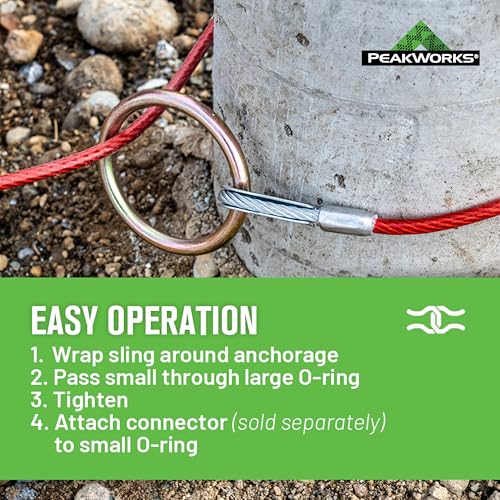 PeakWorks Fall Protection Anchor Sling Cable - Climbing, Roof, Construction, Abrasion Resistant Galvanized PVC Coated Metal Connector Strap, 2 0 Rings, 6ft Long x 1/4in Thick, OSHA Compliant V8208606 - size: 6 ft.