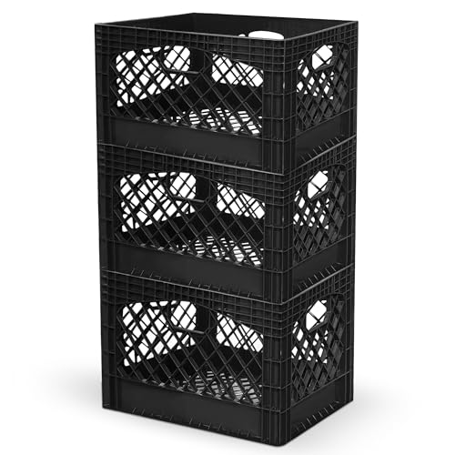 Juggernaut Storage 3-Pack 24-Quart Heavy-Duty Plastic Stackable Milk Crates - color: Black, size: 24 Quart, 3-Pack