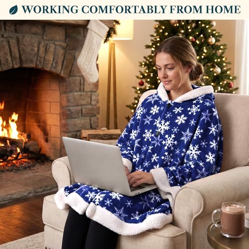 PAVILIA Hooded Blanket Poncho, Fleece Wearable Shawl Wrap, Snowflake Blue | Fleece Shawl Wrap with Hood, Adult Wearable Blanket, Cozy Warm Poncho Cape Throw with Pockets, Gift for Elderly Mom - color: Snowflake Blue