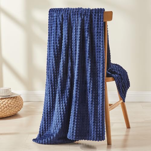 EMME Fleece Blanket, 3D Jacquard Throw Blanket for Couch and Bed, Soft Cozy and Fluffy Blankets Lightweight Luxury Flannel with Geometric Grid Design (Navy Blue, 60" x 80") - color: 17-grid-navy Blue, size: Twin