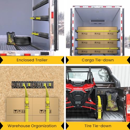E Track Tie-Down Rail Kit, Trailer Tie Downs, 31 Pcs Set Etrack kit | 4 Rails , 4 Rope Tie Offs, 4 O Ring Anchors, 2 10ft straps, Securing Accessories for Garages, Vans, Trailers, Cargo (Yellow) - color: Yellow