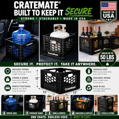 CrateMate Heavy-Duty Black Milk Crates for Storage, Organization & DIY | Perfect for Home, Camping, Worksite, & More - USA Made, Stackable, Durable (16 Quart) - size: 16 Quart