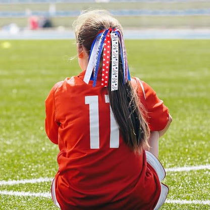 Girls Soccer Ponytail Cheer Bow with Streamers Glitter Red White Blue Sports Hair Ribbons Elastic Hair Tie Bands Soccer Team Game Day Accessories Gift for Cheerleader Moms Player Women - color: Soccer-U