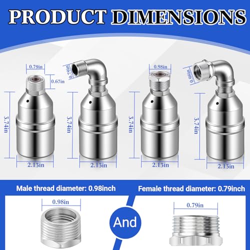 Hicarer 2 Set 304 Stainless Steel Water Float Valve 1/2" to 3/4" Automatic Water Level Control Shut off Float Valve for Watering Tank, Livestock Troughs, Pool, Distiller