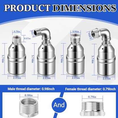Hicarer 2 Set 304 Stainless Steel Water Float Valve 1/2" to 3/4" Automatic Water Level Control Shut off Float Valve for Watering Tank, Livestock Troughs, Pool, Distiller