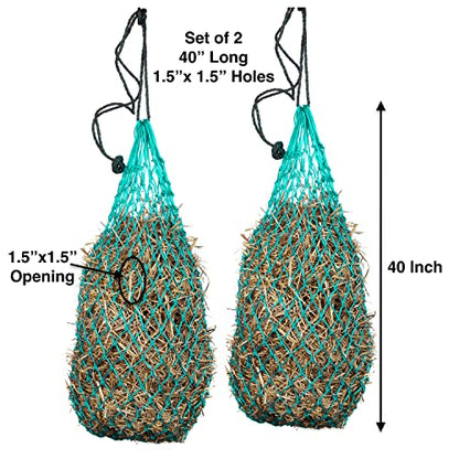 Majestic Ally 2 pcs Ultra Slow Feed 1.5"x1.5" Holes 40” Hay Net for Horses and livestocks (Turquoise) - color: Turquoise