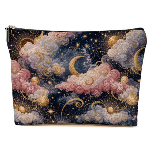 Blue Leaves Starry Night Sky Makeup Bag Moons Stars Cosmetic Bag - color: Multicolor 1616