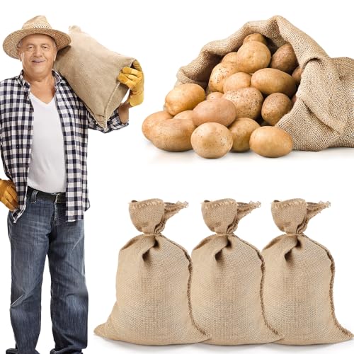 4Pcs 16"x24" Breathable Natural Burlap Bags with Rope for Potato Storage | Reusable, Thickened Jute Food Storage Sacks, Helps Potatoes/ Onions/ Root Vegetables Stay Fresh - size: 16'' x 24''