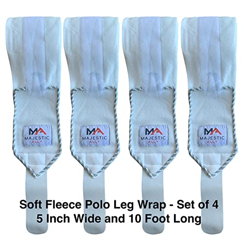 Majestic Ally Fleece Polo Leg Wraps with Braided Rope for Horses - Set of 4-10 Foot Long and 5 Inch Wide (White) - color: White
